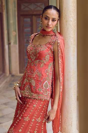 Shop Tamanna Punjabi Kapoor Rust Silk, Organza Scoop Neck, Yes Roohani Embroidered Sharara Set Online at Aza Fashions Shop_Tamanna Punjabi Kapoor_Rust Silk, Organza Scoop Neck, Yes Roohani Embroidered Sharara Set _Online_at_Aza_Fashions