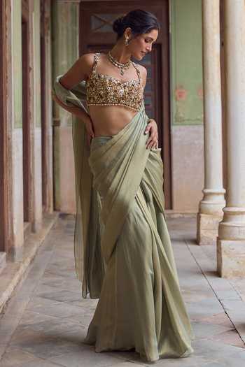 Buy Tamanna Punjabi Kapoor Olive Green Tissue Sweetheart Roohi Pre-draped Saree With Embroidered Blouse Online at Aza Fashions Buy_Tamanna Punjabi Kapoor_Olive Green Tissue Sweetheart Roohi Pre-draped Saree With Embroidered Blouse _Online_at_Aza_Fashions