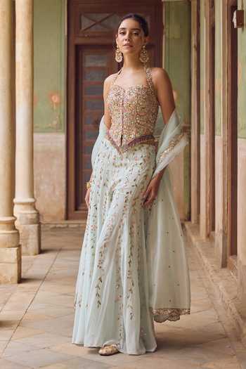 Buy Tamanna Punjabi Kapoor Blue Georgette, Organza Sweetheart Neck Zara Embroidered Corset Sharara Set Online at Aza Fashions Buy_Tamanna Punjabi Kapoor_Blue Georgette, Organza Sweetheart Neck Zara Embroidered Corset Sharara Set _Online_at_Aza_Fashions
