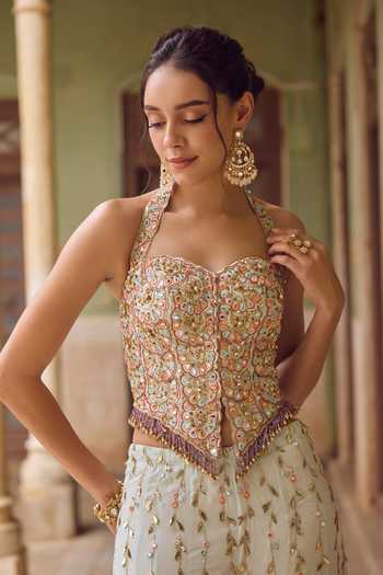 Shop Tamanna Punjabi Kapoor Blue Georgette, Organza Sweetheart Neck Zara Embroidered Corset Sharara Set Online at Aza Fashions Shop_Tamanna Punjabi Kapoor_Blue Georgette, Organza Sweetheart Neck Zara Embroidered Corset Sharara Set _Online_at_Aza_Fashions