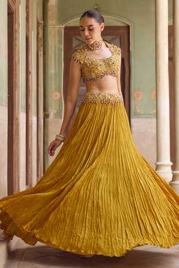 Tamanna Punjabi Kapoor Yellow Silk Round Neck Zoya Embroidered Crushed Lehenga Set Online at Aza Fashions Tamanna Punjabi Kapoor_Yellow Silk Round Neck Zoya Embroidered Crushed Lehenga Set _Online_at_Aza_Fashions