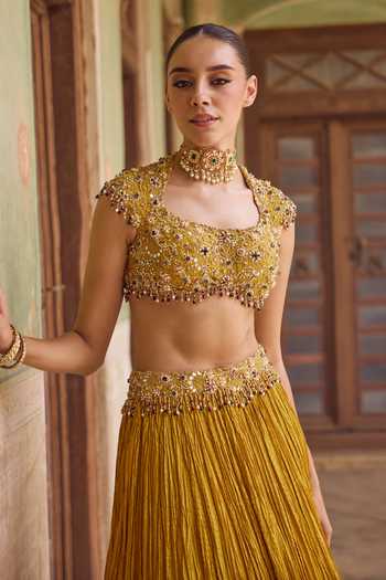 Buy Tamanna Punjabi Kapoor Yellow Silk Round Neck Zoya Embroidered Crushed Lehenga Set Online at Aza Fashions Buy_Tamanna Punjabi Kapoor_Yellow Silk Round Neck Zoya Embroidered Crushed Lehenga Set _Online_at_Aza_Fashions