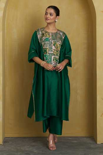 Shop_Vaaya_Emerald Green Silk, Chanderi Round Neck, Yes Handwoven Kurta And Pant Set _Online_at_Aza_Fashions