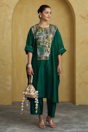 Buy_Vaaya_Emerald Green Silk, Chanderi Round Neck, Yes Handwoven Kurta And Pant Set 