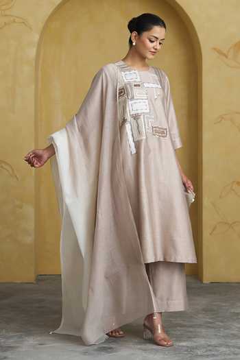 Vaaya Beige Silk, Chanderi Round Neck Handwoven Kurta Set Online at Aza Fashions Vaaya_Beige Silk, Chanderi Round Neck Handwoven Kurta Set _Online_at_Aza_Fashions