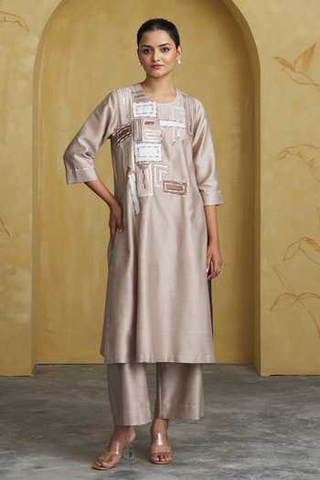 Buy Vaaya Beige Silk, Chanderi Round Neck Handwoven Kurta Set Online at Aza Fashions Buy_Vaaya_Beige Silk, Chanderi Round Neck Handwoven Kurta Set _Online_at_Aza_Fashions