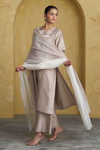 Shop Vaaya Beige Silk, Chanderi Round Neck Handwoven Kurta Set Online at Aza Fashions Shop_Vaaya_Beige Silk, Chanderi Round Neck Handwoven Kurta Set _Online_at_Aza_Fashions