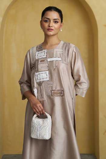 Vaaya Beige Silk, Chanderi Round Neck Handwoven Kurta Set at Aza Fashions Vaaya_Beige Silk, Chanderi Round Neck Handwoven Kurta Set _at_Aza_Fashions