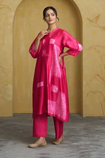Vaaya_Pink Silk, Chanderi Handwoven Kurta And Pant Set _at_Aza_Fashions