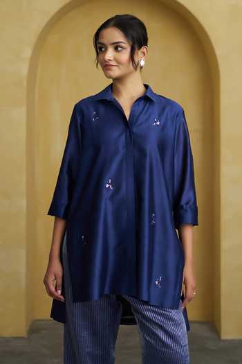 Vaaya_Blue Silk, Chanderi, Tissue Collared Neck Embellished Top And Pant Set _Online_at_Aza_Fashions