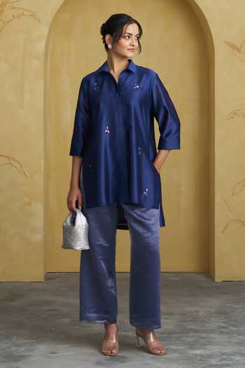Buy_Vaaya_Blue Silk, Chanderi, Tissue Collared Neck Embellished Top And Pant Set _Online_at_Aza_Fashions