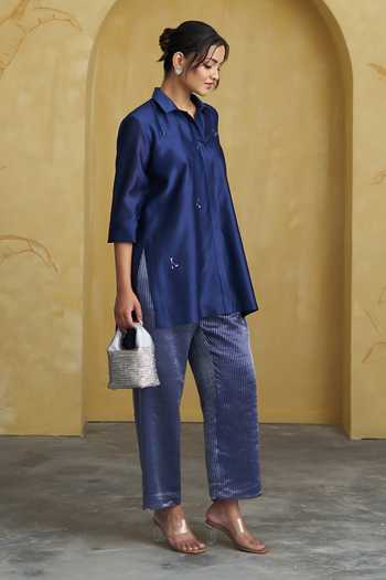 Shop_Vaaya_Blue Silk, Chanderi, Tissue Collared Neck Embellished Top And Pant Set _Online_at_Aza_Fashions