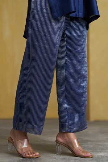 Vaaya_Blue Silk, Chanderi, Tissue Collared Neck Embellished Top And Pant Set _at_Aza_Fashions