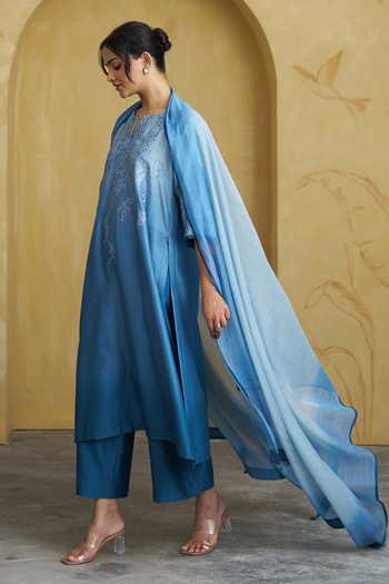 Vaaya Blue Silk, Chanderi Split V-neck Embroidered Kurta Set Online at Aza Fashions Vaaya_Blue Silk, Chanderi Split V-neck Embroidered Kurta Set _Online_at_Aza_Fashions