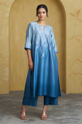 Buy Vaaya Blue Silk, Chanderi Split V-neck Embroidered Kurta Set Online at Aza Fashions Buy_Vaaya_Blue Silk, Chanderi Split V-neck Embroidered Kurta Set _Online_at_Aza_Fashions