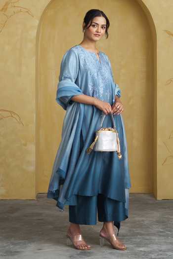 Shop Vaaya Blue Silk, Chanderi Split V-neck Embroidered Kurta Set Online at Aza Fashions Shop_Vaaya_Blue Silk, Chanderi Split V-neck Embroidered Kurta Set _Online_at_Aza_Fashions