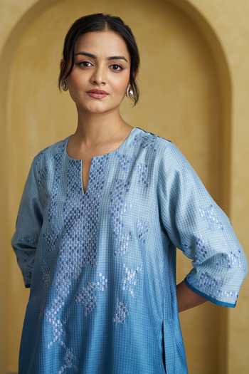 Vaaya Blue Silk, Chanderi Split V-neck Embroidered Kurta Set at Aza Fashions Vaaya_Blue Silk, Chanderi Split V-neck Embroidered Kurta Set _at_Aza_Fashions