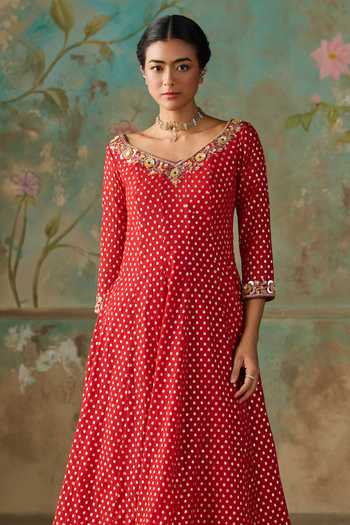Shop Zoon Red Chanderi, Cotton, Silk V-neck, Yes Hand Embroidered Anarkali Set Online at Aza Fashions Shop_Zoon_Red Chanderi, Cotton, Silk V-neck, Yes Hand Embroidered Anarkali Set _Online_at_Aza_Fashions