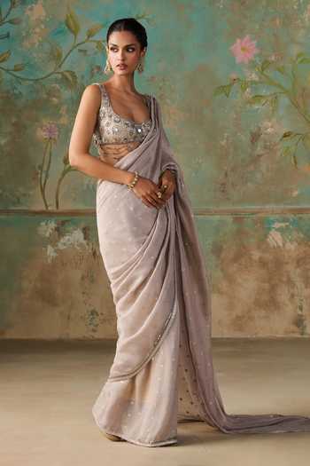 Zoon Grey Georgette Square Neck Border Embroidered Saree With Blouse Online at Aza Fashions Zoon_Grey Georgette Square Neck Border Embroidered Saree With Blouse _Online_at_Aza_Fashions