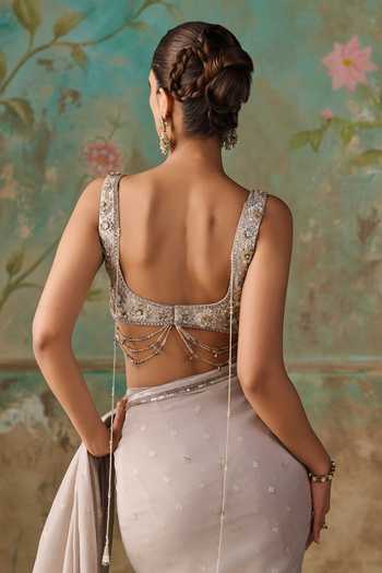 Zoon Grey Georgette Square Neck Border Embroidered Saree With Blouse at Aza Fashions Zoon_Grey Georgette Square Neck Border Embroidered Saree With Blouse _at_Aza_Fashions