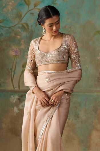 Shop Zoon Gold Silk, Organza, Satin, Net Scoop Neck Hand Embroidered Saree With Blouse Online at Aza Fashions Shop_Zoon_Gold Silk, Organza, Satin, Net Scoop Neck Hand Embroidered Saree With Blouse _Online_at_Aza_Fashions