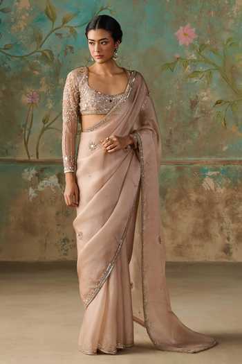 Zoon Gold Silk, Organza, Satin, Net Scoop Neck Hand Embroidered Saree With Blouse at Aza Fashions Zoon_Gold Silk, Organza, Satin, Net Scoop Neck Hand Embroidered Saree With Blouse _at_Aza_Fashions