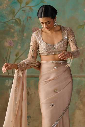 Buy Zoon Gold Silk, Organza, Satin, Net Scoop Neck Hand Embroidered Saree With Blouse Buy_Zoon_Gold Silk, Organza, Satin, Net Scoop Neck Hand Embroidered Saree With Blouse