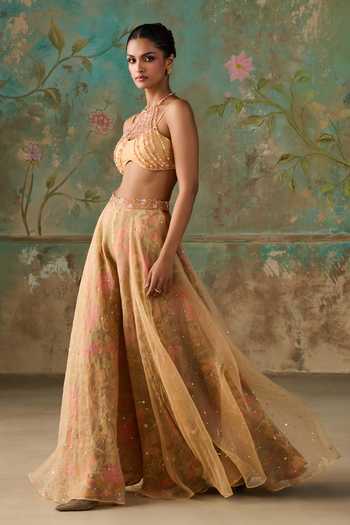 Buy Zoon Yellow Silk Organza, Net Sweetheart Neck Aari Work Blouse Palazzo Set Buy_Zoon_Yellow Silk Organza, Net Sweetheart Neck Aari Work Blouse Palazzo Set