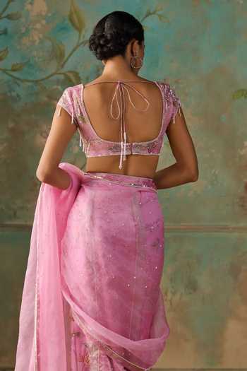 Zoon Pink Tissue, Silk Organza V-neck Aari Work Saree With Blouse Online at Aza Fashions Zoon_Pink Tissue, Silk Organza V-neck Aari Work Saree With Blouse _Online_at_Aza_Fashions