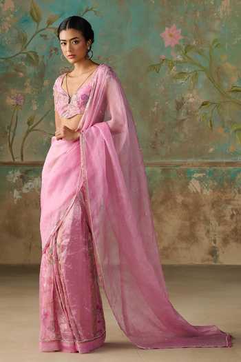 Buy Zoon Pink Tissue, Silk Organza V-neck Aari Work Saree With Blouse Online at Aza Fashions Buy_Zoon_Pink Tissue, Silk Organza V-neck Aari Work Saree With Blouse _Online_at_Aza_Fashions