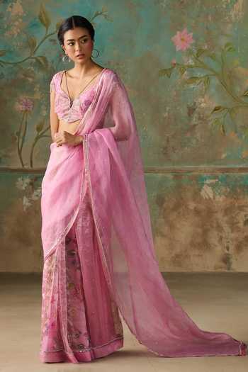 Shop Zoon Pink Tissue, Silk Organza V-neck Aari Work Saree With Blouse Online at Aza Fashions Shop_Zoon_Pink Tissue, Silk Organza V-neck Aari Work Saree With Blouse _Online_at_Aza_Fashions