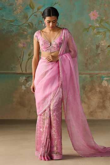 Zoon Pink Tissue, Silk Organza V-neck Aari Work Saree With Blouse at Aza Fashions Zoon_Pink Tissue, Silk Organza V-neck Aari Work Saree With Blouse _at_Aza_Fashions
