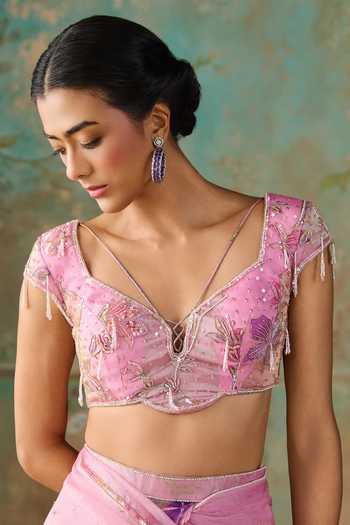 Buy Zoon Pink Tissue, Silk Organza V-neck Aari Work Saree With Blouse Buy_Zoon_Pink Tissue, Silk Organza V-neck Aari Work Saree With Blouse