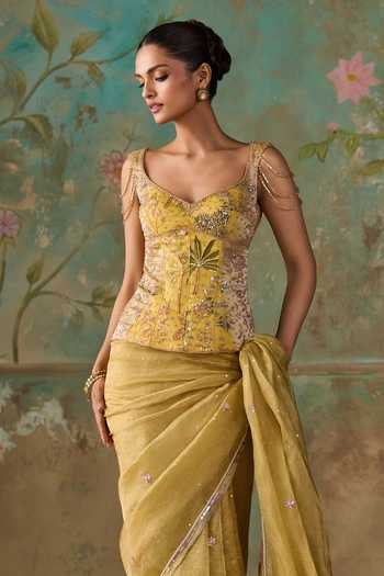 Buy Zoon Yellow Tissue, Silk Organza Sweetheart Neck Aari Work Saree With Blouse Buy_Zoon_Yellow Tissue, Silk Organza Sweetheart Neck Aari Work Saree With Blouse
