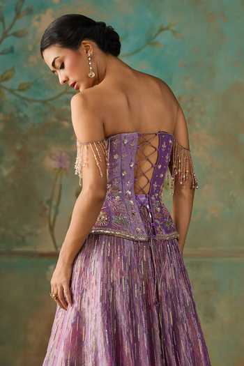 Shop Zoon Purple , Tissue, Organza Sweetheart Aari Embroidered Blouse Lehenga Set Shop_Zoon_Purple , Tissue, Organza Sweetheart Aari Embroidered Blouse Lehenga Set