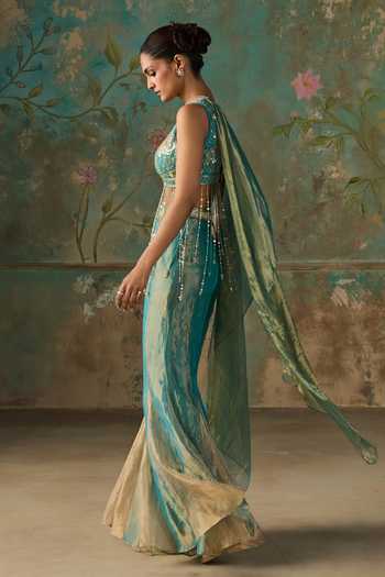 Zoon Blue , Tissue, Organza Crystals V-neck Aari Work Blouse Sharara Set Online at Aza Fashions Zoon_Blue , Tissue, Organza Crystals V-neck Aari Work Blouse Sharara Set _Online_at_Aza_Fashions
