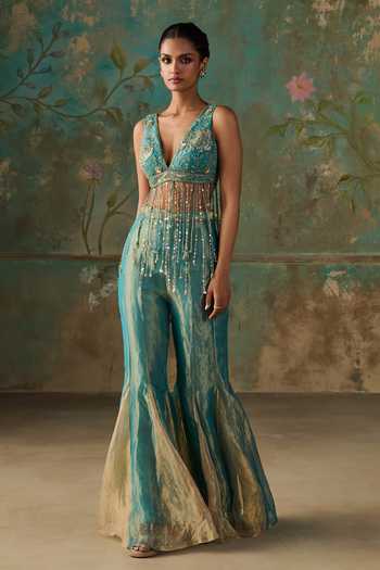 Buy Zoon Blue , Tissue, Organza Crystals V-neck Aari Work Blouse Sharara Set Online at Aza Fashions Buy_Zoon_Blue , Tissue, Organza Crystals V-neck Aari Work Blouse Sharara Set _Online_at_Aza_Fashions
