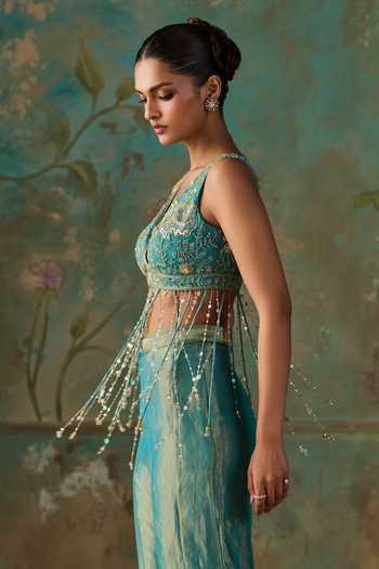 Shop Zoon Blue , Tissue, Organza Crystals V-neck Aari Work Blouse Sharara Set Online at Aza Fashions Shop_Zoon_Blue , Tissue, Organza Crystals V-neck Aari Work Blouse Sharara Set _Online_at_Aza_Fashions
