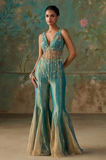 Zoon Blue , Tissue, Organza Crystals V-neck Aari Work Blouse Sharara Set at Aza Fashions Zoon_Blue , Tissue, Organza Crystals V-neck Aari Work Blouse Sharara Set _at_Aza_Fashions