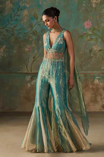 Buy Zoon Blue , Tissue, Organza Crystals V-neck Aari Work Blouse Sharara Set Buy_Zoon_Blue , Tissue, Organza Crystals V-neck Aari Work Blouse Sharara Set