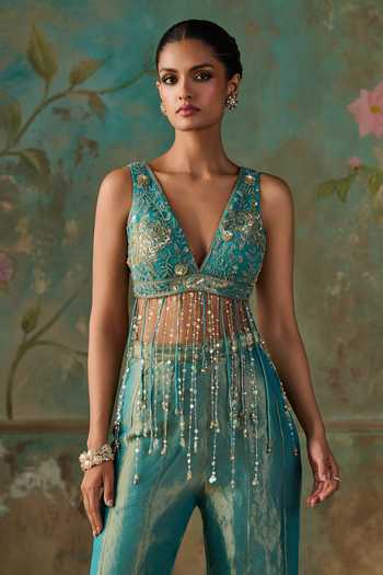 Shop Zoon Blue , Tissue, Organza Crystals V-neck Aari Work Blouse Sharara Set Shop_Zoon_Blue , Tissue, Organza Crystals V-neck Aari Work Blouse Sharara Set