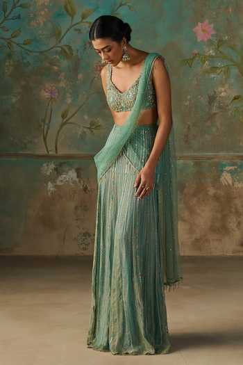 Zoon Blue Tissue, Net, Crepe V-neck Pre-stitched Saree With Embroidered Blouse Online at Aza Fashions Zoon_Blue Tissue, Net, Crepe V-neck Pre-stitched Saree With Embroidered Blouse _Online_at_Aza_Fashions