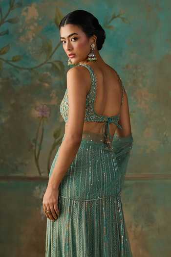 Buy Zoon Blue Tissue, Net, Crepe V-neck Pre-stitched Saree With Embroidered Blouse Online at Aza Fashions Buy_Zoon_Blue Tissue, Net, Crepe V-neck Pre-stitched Saree With Embroidered Blouse _Online_at_Aza_Fashions