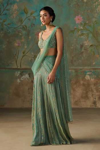 Shop Zoon Blue Tissue, Net, Crepe V-neck Pre-stitched Saree With Embroidered Blouse Online at Aza Fashions Shop_Zoon_Blue Tissue, Net, Crepe V-neck Pre-stitched Saree With Embroidered Blouse _Online_at_Aza_Fashions
