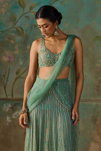 Zoon Blue Tissue, Net, Crepe V-neck Pre-stitched Saree With Embroidered Blouse at Aza Fashions Zoon_Blue Tissue, Net, Crepe V-neck Pre-stitched Saree With Embroidered Blouse _at_Aza_Fashions