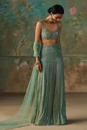 Buy Zoon Blue Tissue, Net, Crepe V-neck Pre-stitched Saree With Embroidered Blouse Buy_Zoon_Blue Tissue, Net, Crepe V-neck Pre-stitched Saree With Embroidered Blouse