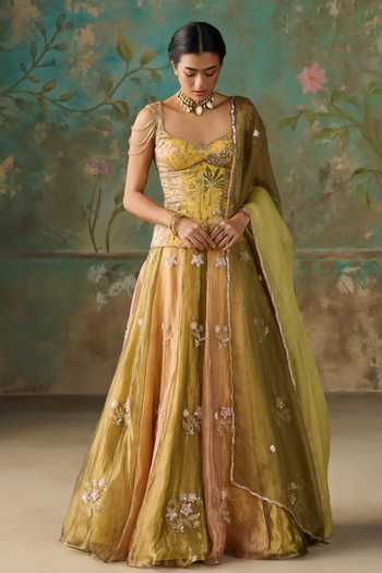 Zoon Green , Tissue, Organza Sweetheart Neck Aari Embroidered Lehenga Set Online at Aza Fashions Zoon_Green , Tissue, Organza Sweetheart Neck Aari Embroidered Lehenga Set _Online_at_Aza_Fashions