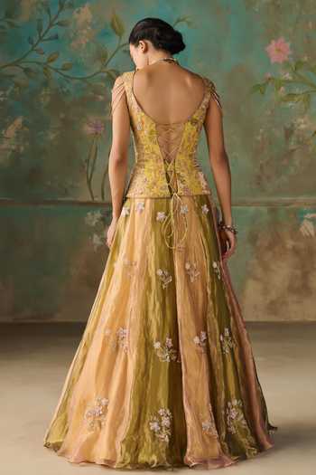 Zoon Aari Embroidered Silk Tissue Lehenga Set