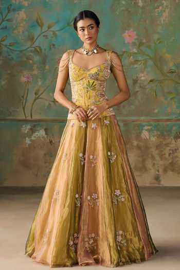 Buy Zoon Green , Tissue, Organza Sweetheart Neck Aari Embroidered Lehenga Set Buy_Zoon_Green , Tissue, Organza Sweetheart Neck Aari Embroidered Lehenga Set