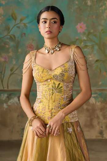 Shop Zoon Green , Tissue, Organza Sweetheart Neck Aari Embroidered Lehenga Set Shop_Zoon_Green , Tissue, Organza Sweetheart Neck Aari Embroidered Lehenga Set